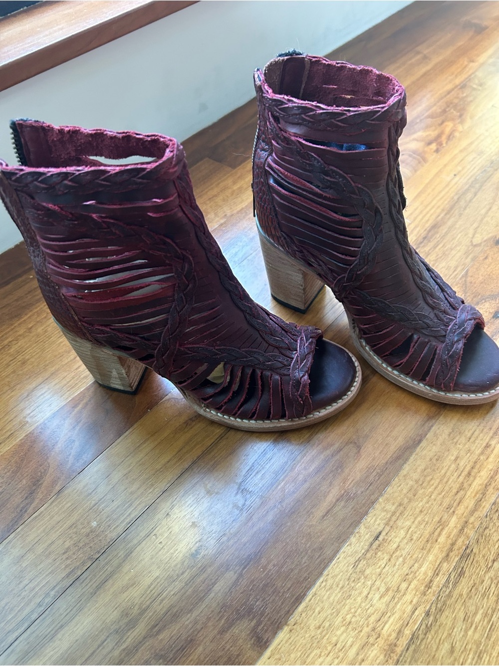 freebird Burgundy Open-Toe Fringe Braided Ankle Boots with Block Heel